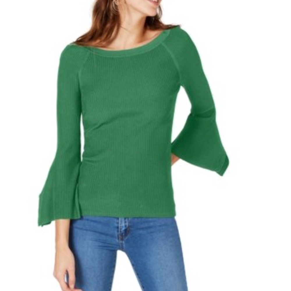 Alya Oatmeal Knit Sweater Lightweight Bell Sleeve Boat Neck Size Large Boho Chic